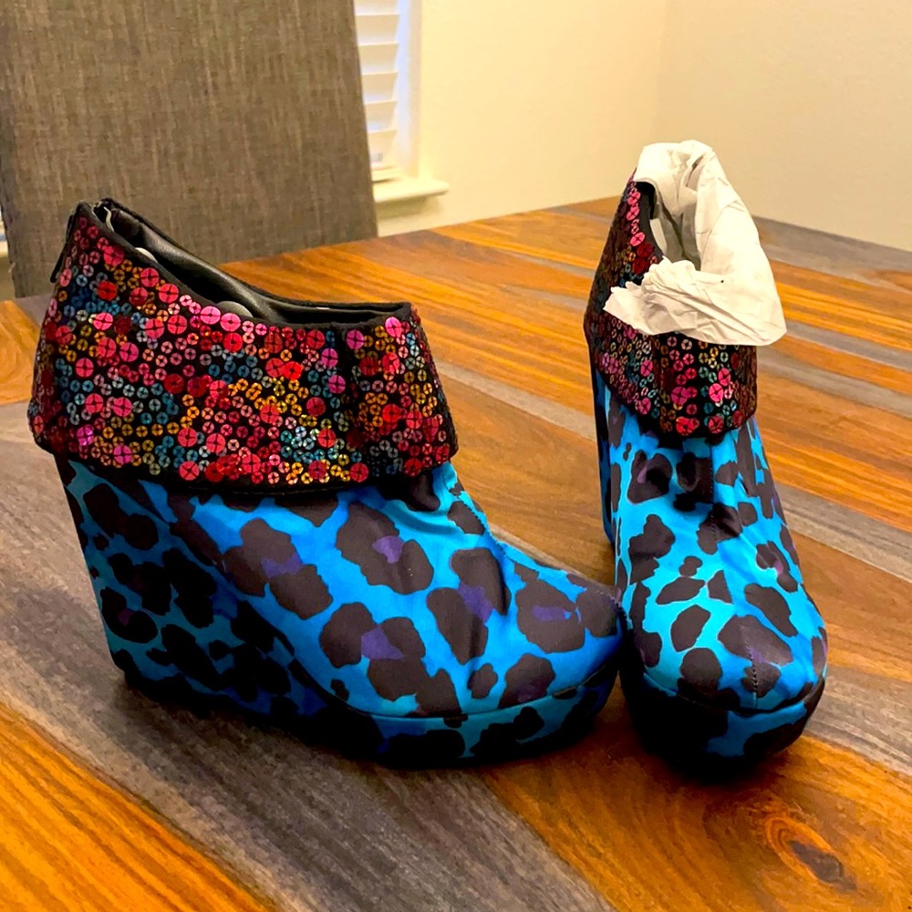 Iron Fist Blue Leopard Wedge BNWOB